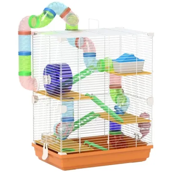 Gulches 18" 5 - Tier Hamster Cage with Tubes, Tunnels, Water Bottle, Food Dish, Exercise Wheel - Orange, Ideal for Gerbils Too image {6}