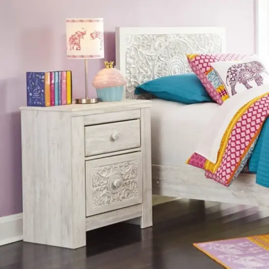 Paxberry Two Drawer Nightstand White Wash - Signature Design by Ashley: Traditional Style, USB Port, Storage Function image {1}