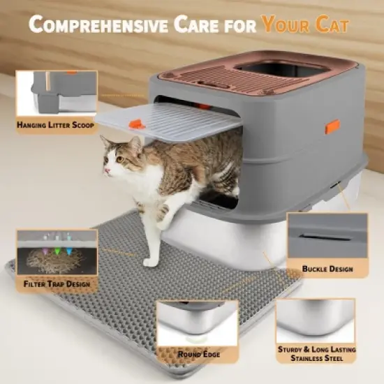 Allforpaws Cat Litter Box Top & Front Entry Hooded Cat Litter Box With Stainless Steel Base image {4}
