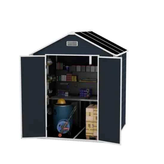 6*6ft resin storage shed, high quality pp material, rust and UV proof, large storage space, 12mm thick pp board, HD window lighting Dark gray image {10}