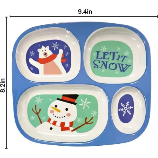 4E's Novelty Christmas Dinnerware Set: 4 BPA-free melamine plates for kids, festive and sectional, dishwasher safe. Perfect for holiday meals! image {3}
