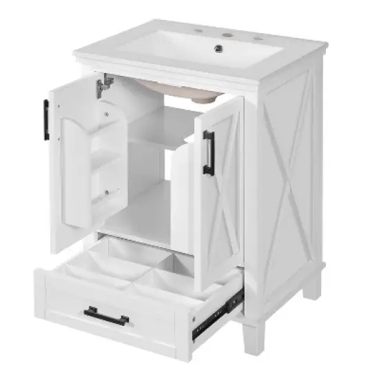 LOVSON 24''Bathroom Vanity Set, solid wood frame, equipped with soft-close doors, compartmentalized drawer, and double-tier storage shelf, white image {10}