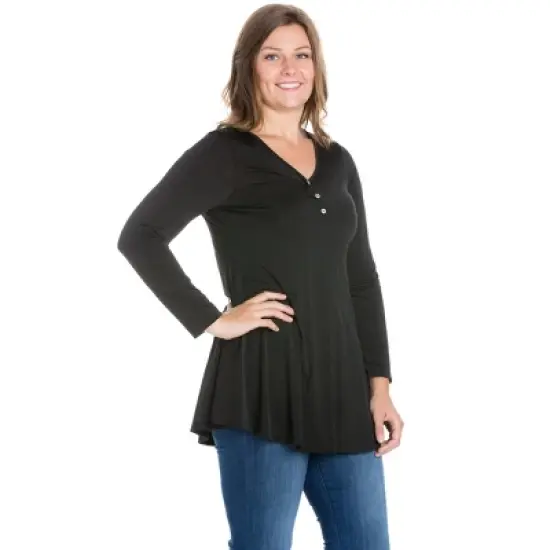 24seven Comfort Apparel Womens Plus Size Flared Long Sleeve Henley Tunic Top image {1}