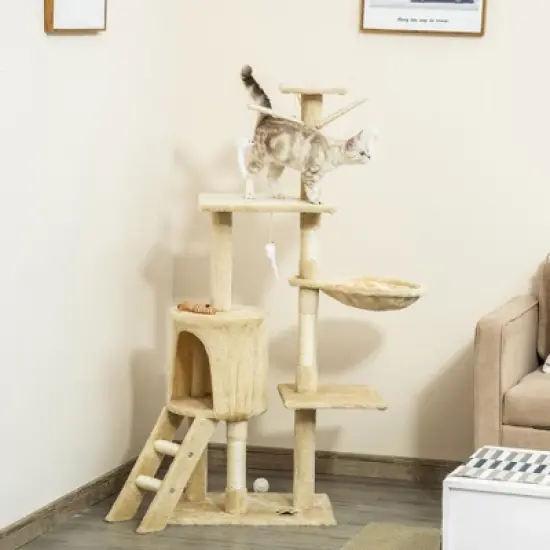 Chery Life 53" Plush Sturdy Interactive Cat Condo Tower Scratching Post Activity Tree House - Beige image {8}