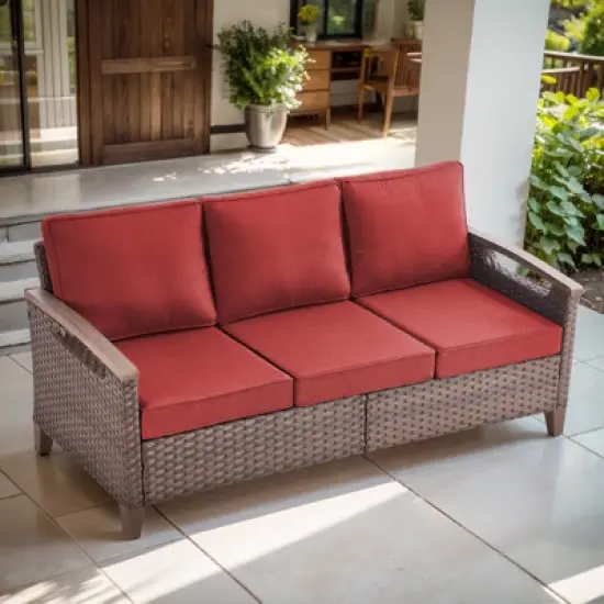 Belord Outdoor Sofa Patio Couch, All Weather Brown Wicker 3-Seater Outdoor Furniture Sofa with Dark Brown Hand-Brushed Arms & Comfort 4" Cushion image {12}