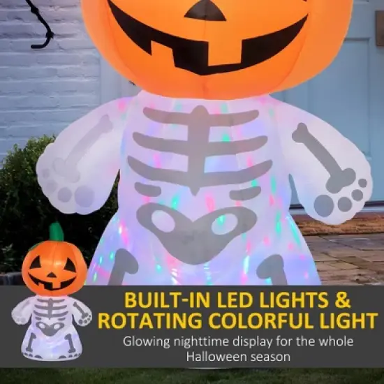 LOVSON 6-foot Halloween inflatable decoration, smiling skeleton ghost with pumpkin head, LED yard decoration, suitable for lawns ,holidays, waterproof image {3}
