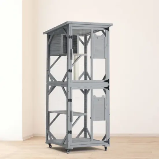 Catio Outdoor Cat Enclosure, 66.5" Wooden Cat Playen Catio with Wheels, Large Pet House with Platforms and Resting Box, Feral Animal Shelter image {7}