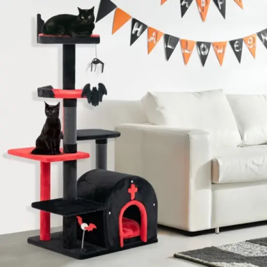 Costway 6-Tier Gothic Cat Tree 53&rdquo; Tall Cat Tower w/ Cat Bed Arch-Shaped Condo Pompom image {4}