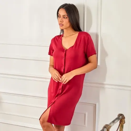 Women's Soft Knit Night Shirt, Short Sleeve Button Down Nightgown V-Neck Pajama Top image {2}