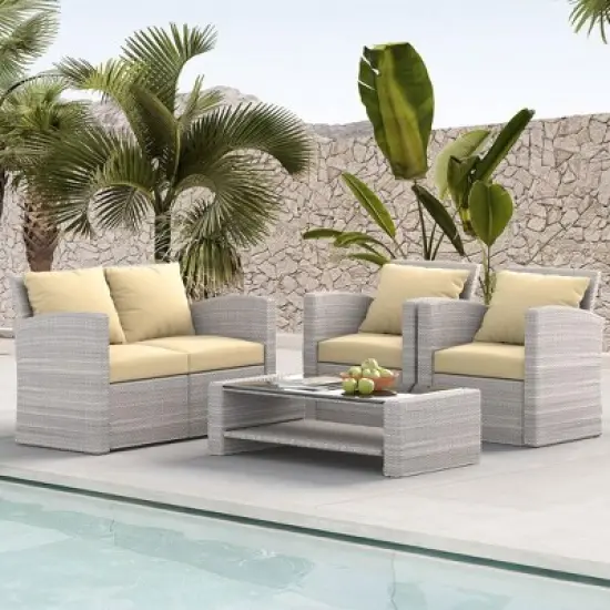 ELJGET 4 Piece Patio Furniture Set Outdoor Wicker Conversation Sets All Weather PE Rattan Sectional Sofa Set with Cushions & Coffee Table image {16}