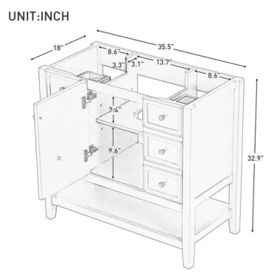 36" Freestanding Bathroom Vanity Base Only, Black Solid Wood & MDF Cabinet with 1 Door, 3 Drawers & Open Shelf, No Sink image {2}