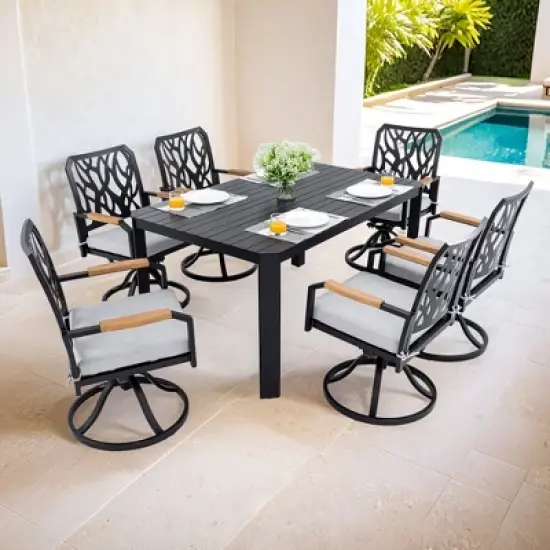 CAVINAS Patio Dining Set for 7 with Umbrella Hole Outside Furniture Aluminum Composite Outdoor Furniture with 6 Swivel Chairs image {6}
