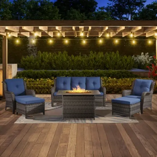 POCASSY 6-Piece Outdoor Furniture Set with 50000BTU Propane Fire Pit, All Weather Wicker Patio Fire Pit Table Set with 3-Seater Sofa and Club Chair image {15}