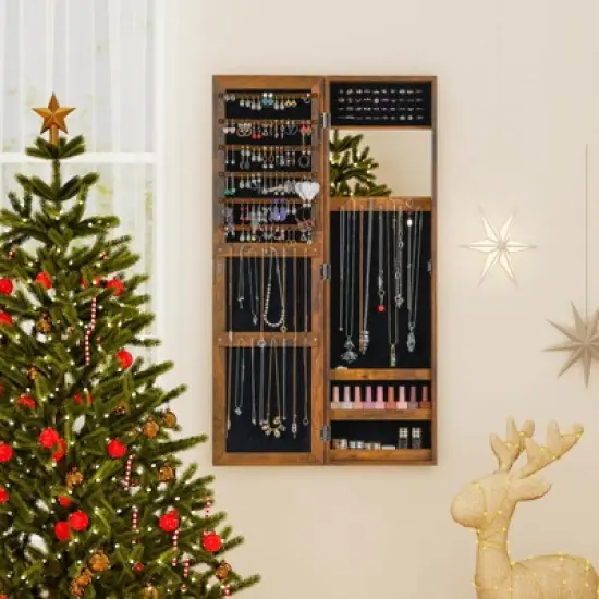 Costway Wall Mounted Jewelry Cabinet Door Hanging Jewelry Armoire with Full-Length Mirror Rustic Brown/Pink/White/Black/Brown image {1}