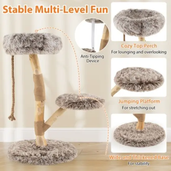 Tangkula Solid Wood Cat Tower Modern Cat Scratching Tree w/Luxurious Perch Teasing Rope image {6}
