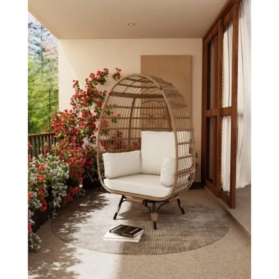 360Swivel Egg Chair, Patio Rotating Rattan Egg Basket Chair with Steel Frame and 4 Cushions, Heavy-Duty Wicker Chair for Porch, Backyard image {6}
