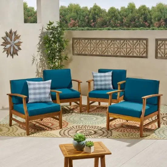 Perla 4pk Acacia Wood Club Chairs - Teak/Blue - Christopher Knight Home: Outdoor Seating with Iron Hardware, Foam Cushions image {1}
