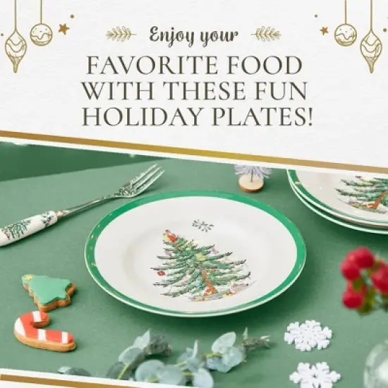Spode Christmas Tree 8" Salad Plate Set of 4- Stoneware Plate with Christmas Tree Design, Green Bordered Edges, Microwave, Dishwasher & Oven Safe image {4}