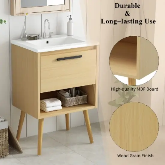 KWPZQEB 24" Bathroom Vanity with Ceramic Sink Combo, Bathroom Sink Cabinet with Drawer and Open Storage, Bathroom Cabinet Vanity for Small Space image {3}