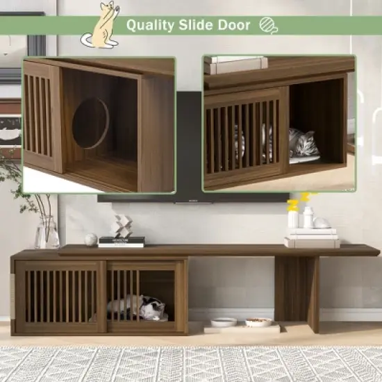 Ridstar Modern 2-in-1 Pet Crates and Houses with Retractable Table Top, Soft Cushion & Sliding Door-Brown image {3}