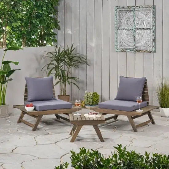Christopher Knight Home Sedona Outdoor Acacia Wood 3 Piece Chat Set with Cushions image {1}