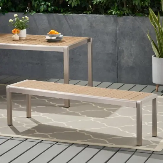 GDFStudio Crested Bay Outdoor Aluminum and Faux Wood Bench image {8}