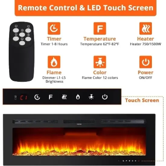 Acekool 90" Built-in Electric Fireplace - Wall Mount Heater, 12 Flame Effects, Touchscreen & Remote, Ultra-Slim Black Design image {3}