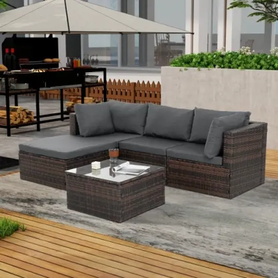 Syemin 5PCS Patio Seating Rattan Furniture Set Sectional Sofa Cushioned Garden, Tempered Glass Table, Grey, 28.94"*28.55"*24.8" image {4}