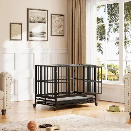 Heavy Duty Indestructible Dog Crate Steel Escape Proof, Indoor Dog House High Anxiety Cage, Kennel with Wheels, Removable Tray image {8}