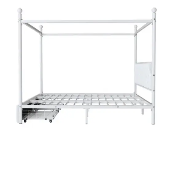 King/Queen Size Metal Canopy Platform Bed Frame with Upholstered Headboard and Two Storage Drawers, White -ModernLuxe image {9}