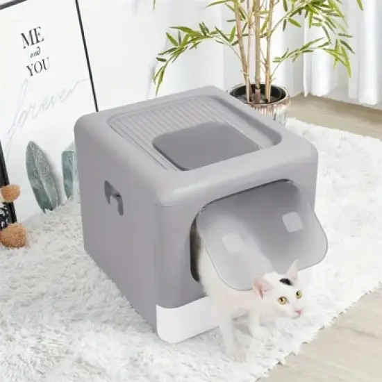 Extra Large Folding Pet Litter Box Portable Durable Cat Gray Litter Toilet Detachable Top Front Entry with Handy Scoop & Remove Tray image {5}