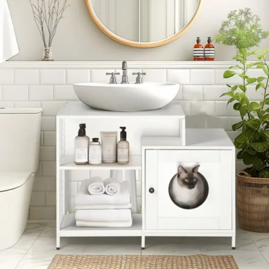 DSVIMOY Cat Litter Box Enclosure for Bathroom, Hidden Litter Pet Washroom with Divider, Indoor Cat House for Large Cats, White, 34.45"*21.26"*25.98" image {1}