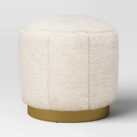 Galena Channel Tufted Shearling Brass Ottoman Cream - Threshold&trade;: Round Pouf, No Assembly, Metal Base image {2}