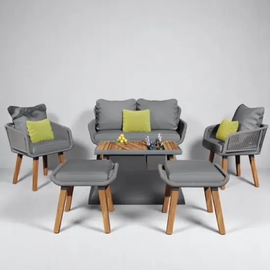 6-Piece Outdoor Wicker Sofa Set with Unique Rope Weaving, Acacia Wood Coffee Table with Ice Bucket, and Ottomans image {15}