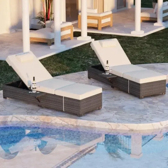 Garvee Outdoor PE Wicker Chaise Lounge Chairs Set of 2 Patio Brown Rattan Reclining Chair Adjustable Backrest Pool Sunbathing Recliners image {3}
