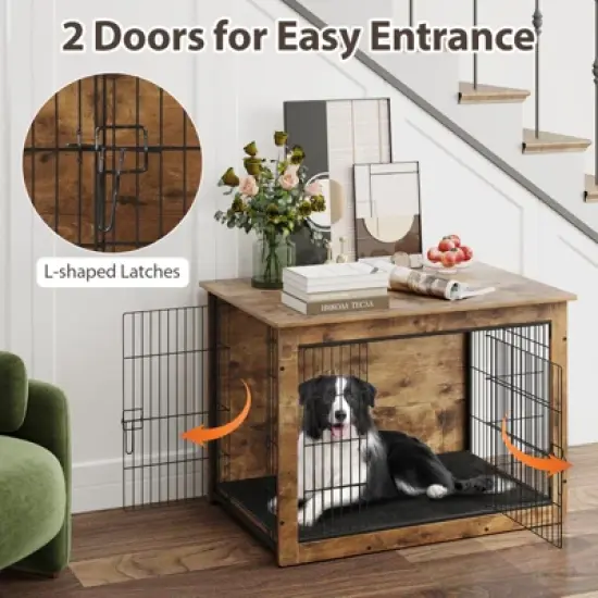 Costway 39&rdquo; Dog Kennel w/ Chew-Resistant Metal Frame & Soft Mat Double Doors Dog Crate End Table image {3}