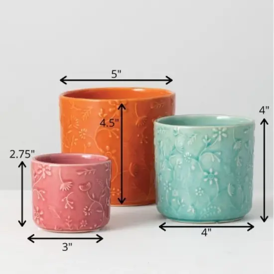 Sullivans Set of 3 Floral Relief Flower Planter 4.5"H, 4"H & 2.75"H Red image {4}