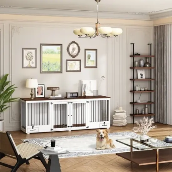 FUFU&GAGA 86.6" Dog Crate Furniture Wooden Dog Kennel with Room Divider and 2 Drawers image {11}