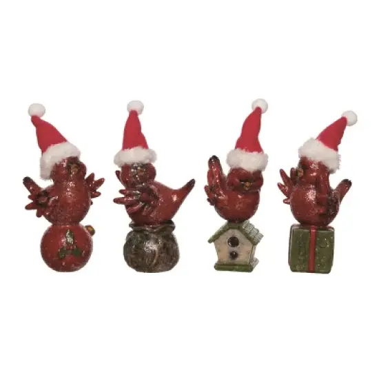 Transpac Set of 4 Cute Sitting Cardinal Home Decorations with Hat Resin Christmas Decor image {1}
