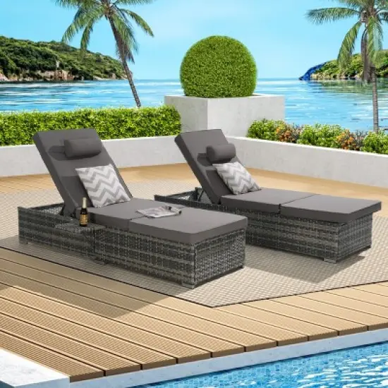 5 Level PE Rattan Outdoor Patio Chaise Lounge Set Of 2,Patio Chaise Lounge With Padded Cover Set And Side Table,Lounge Chair Outdoor -Maison Boucle image {9}