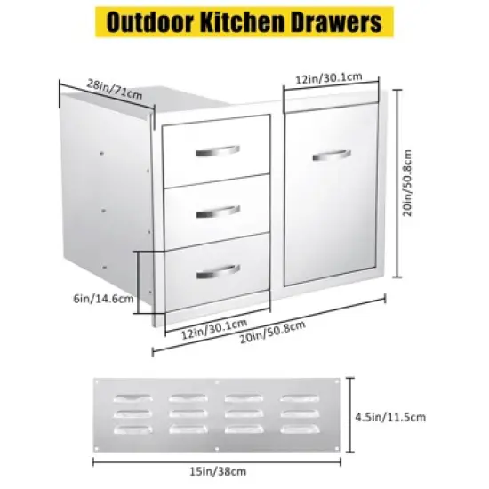 Stainless Steel Outdoor Kitchen Cabinet Door Set - Left Drawer + Right Door , NSF Double Wall, Includes Vent Panel for Grill/BBQ Islands & Fire Pits image {4}