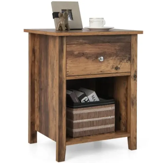 Costway Nightstand Bedside Table with Drawer & Open Shelf for Living Room Bedroom Walnut/Brown image {11}