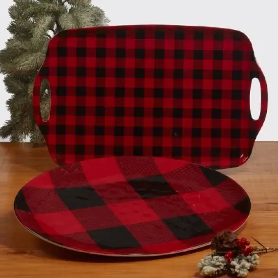 Certified International 2pc Red Buffalo Plaid Melamine Platter Set image {3}