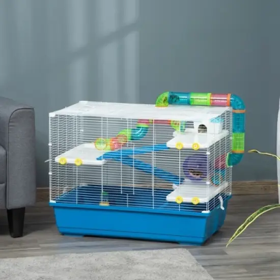PawHut Extra Large 31" Hamster Cage with Tubes Tunnels, Portable Carry Handles, Rat House 4-Tier Design, with Wheel, Water Bottle, Food Dish, Blue image {1}
