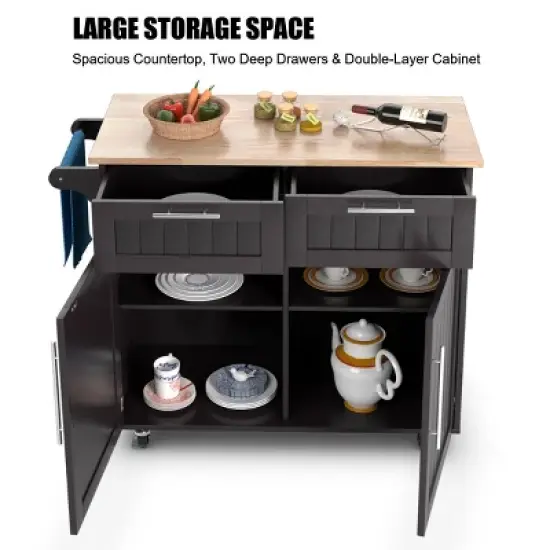 Costway Rolling Kitchen Cart Island Heavy Duty Storage Brown Trolley Cabinet Utility Modern image {4}