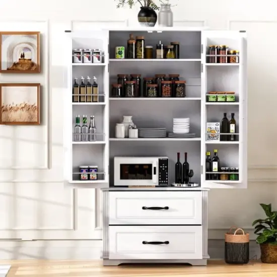 Kitchen Pantry Cabinet with 3 Adjustable Shelves, 2 Drawers, 8 Door Racks, Embossed Freestanding Storage Organizer for Laundry-The Pop Home image {8}