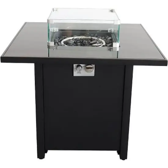 30" Steel Outdoor Fire Pit Table with Lid, Wind Shield, and Lava Rocks image {2}