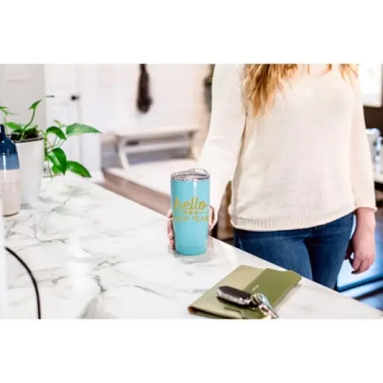 100 North 20 Ounce Stainless Steel On the Go Travel Tumbler With Push Top Lid, Hello New Year Teal image {3}