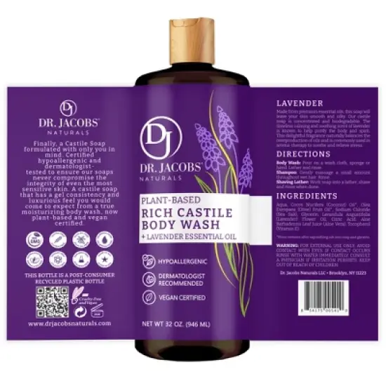 Dr Jacobs Naturals Rich Castile Lavender Body Wash Hypoallergenic Vegan Sulfate-Free Paraben-Free Dermatologist Recommended 32oz - Lavender image {3}