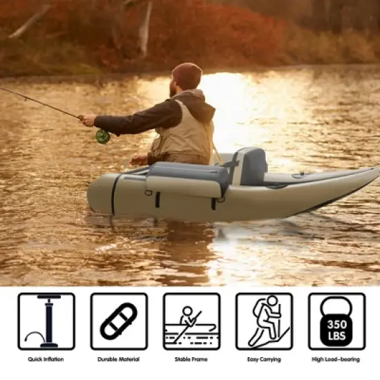 Costway Inflatable Fishing Float Tube w/Pump & Storage Pockets & Fish Ruler Gray\Beige\Green image {7}